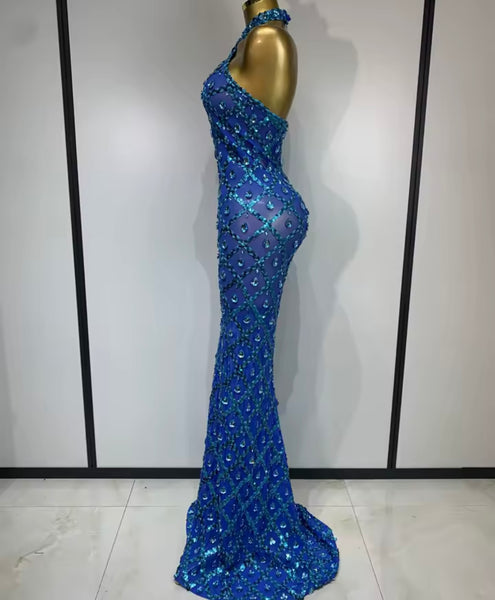 Women Blue Halter Sleeveless Sexy See Through Maxi Dress