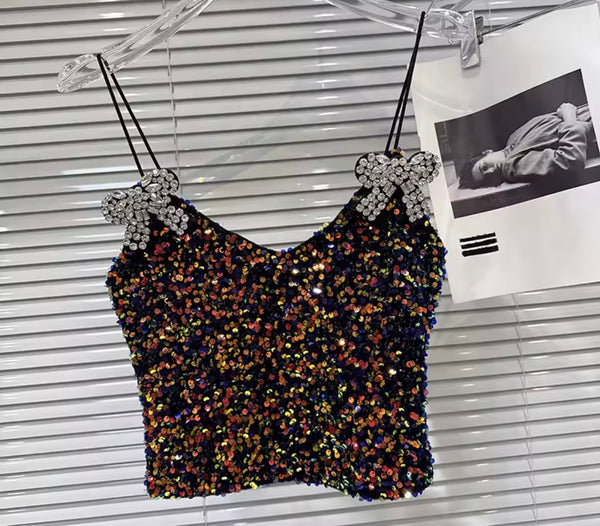 Women Rhinestone Bow Sexy Sleeveless Multicolored Sequins Two Piece Skirt Set