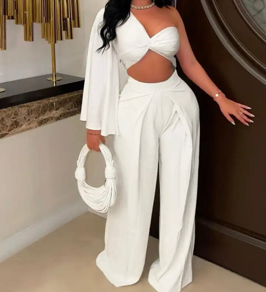 Women One Shoulder Full Sleeve Crop Two Piece Wide Leg Pant Set