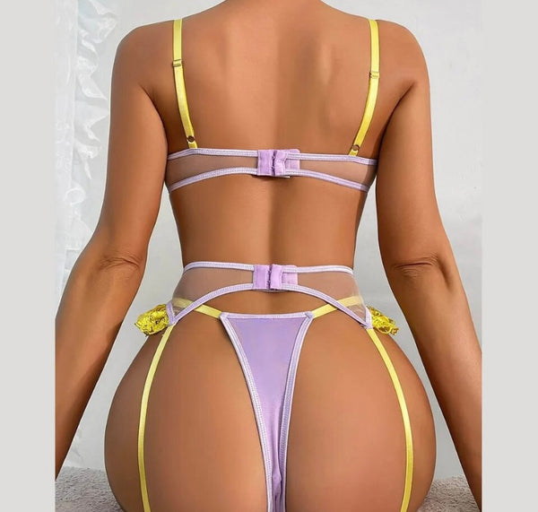 Women Sexy Color Patchwork Lace Thong Lingerie Set