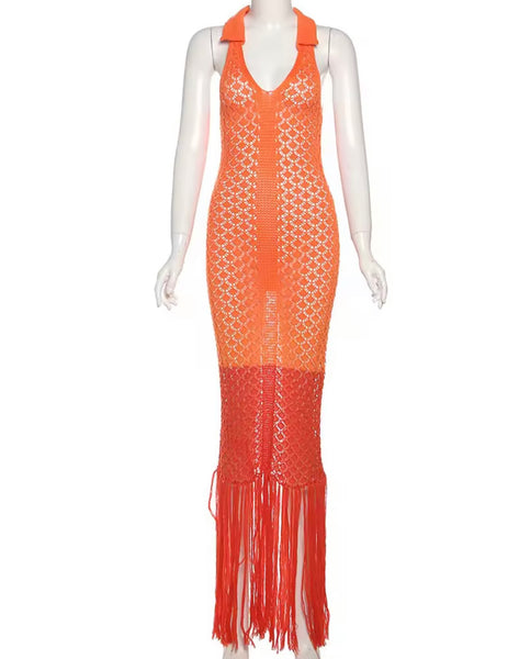 Women Sexy Halter Sleeveless Knitted Tassel Maxi Dress