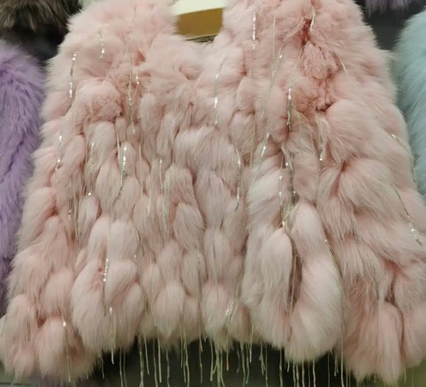 Women Fashion Faux Fur Bling Tassel Jacket