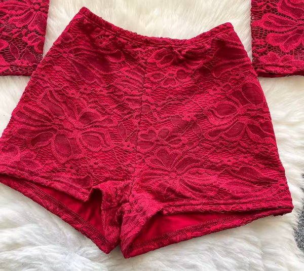 Women Sexy Fashion Lace Full Sleeve Blazer Two Piece Short Set