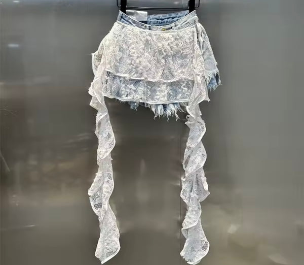 Women Fashion Lace Patchwork Ripped Denim Shorts