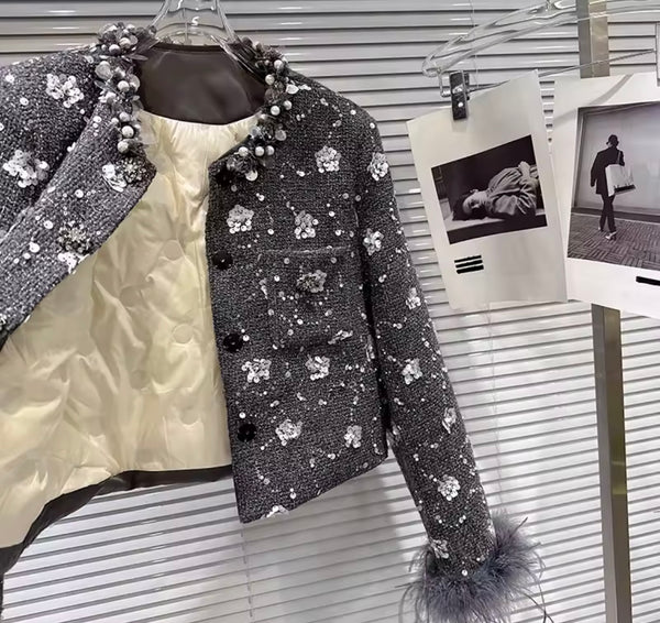 Women Gray Floral Rhinestone Feather Blazer Two Piece Skirt Set