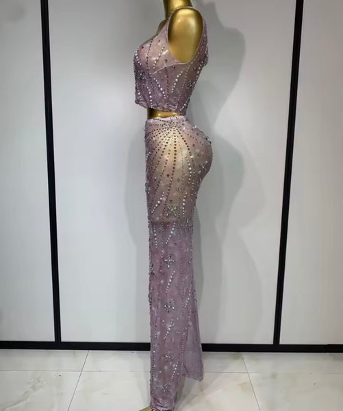 Women Sexy Sleeveless Beaded Pearl Rhinestone Two Piece Skirt Set