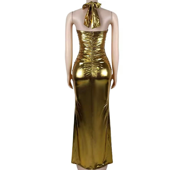 Women Sexy Metallic Halter Sleeveless Cut Out Maxi Dress