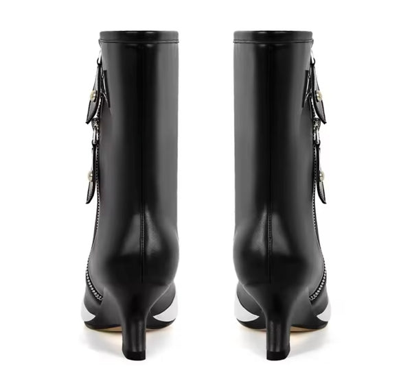 Women Fashion B&W Open Toe Zip Up Buckled Ankle/Knee High Boots