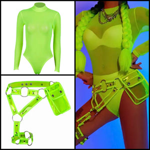 Women Fashion Neon Green Mesh Bodysuit Waist Purse Set