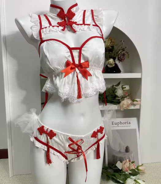 White Sexy Satin Red Bow Lingerie Set