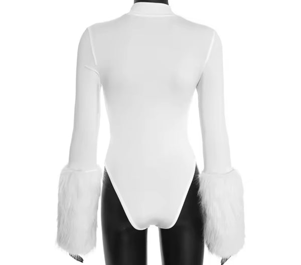 Women Fur Full Sleeve Bodysuit Fashion Two Piece Skirt Set