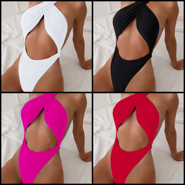 Women Sexy Solid Color Halter Hollow Out Swimsuit