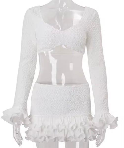 Women Sexy White Ruffled Full Sleeve Crop Two Piece Skirt Set