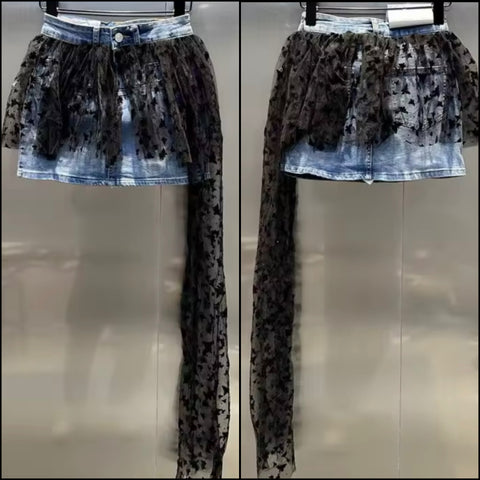 Women Sexy Fashion Denim Star Mesh Skirt