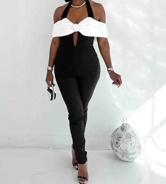 Women Fashion Sleeveless B&W Bow Jumpsuit