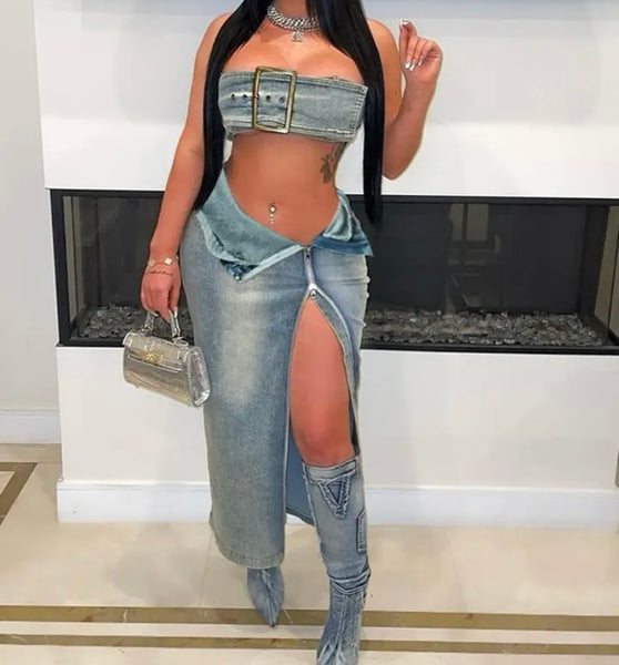 Women Sexy Buckled Strapless Denim Two Piece Zipper Skirt Set