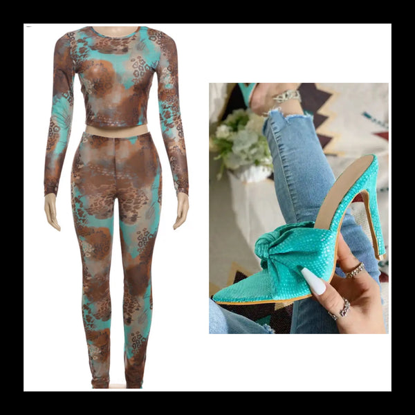 Women Sexy Color Animal Print Mesh Full Sleeve Two Piece Pant Set