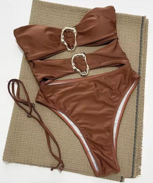 Women Sexy Gold Medal Strapless Cut Out Swimsuit