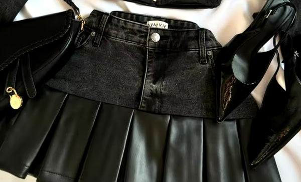 Women Fashion Faux Leather Denim Patchwork Two Piece Skirt Set