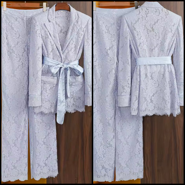 Women Fashion Blue Lace Full Sleeve Blazer Two Piece Pant Set