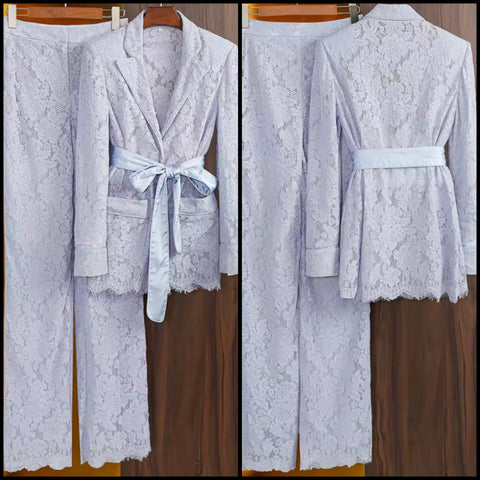 Women Fashion Blue Lace Full Sleeve Blazer Two Piece Pant Set