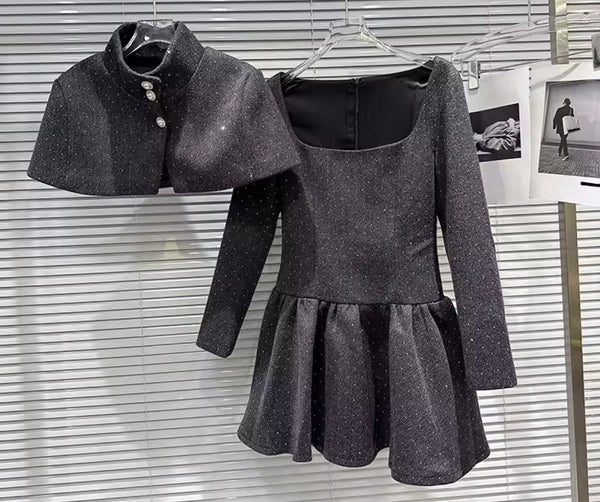 Women Gray Rhinestone Fashion Two Piece Shawl Dress Set