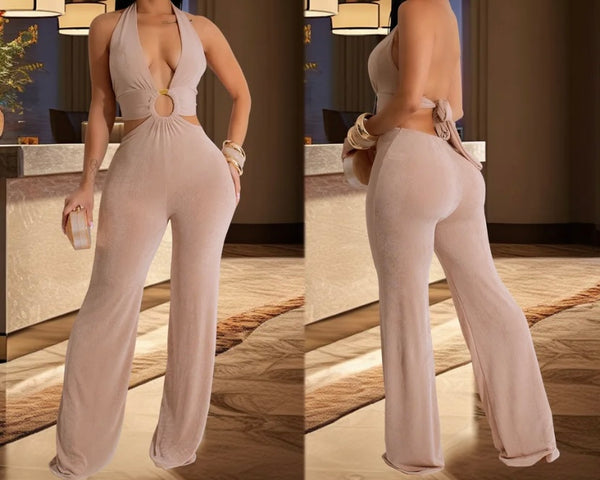 Women Sexy Sleeveless Solid Color Open Tie Up Back Jumpsuit