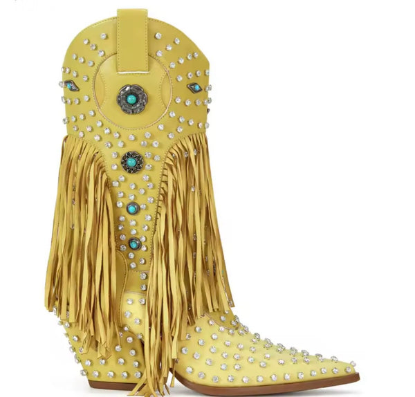 Women Color Rhinestone Fringe Tassel Fashion Western Boots