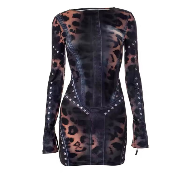 Women Sexy Leopard Rivet Full Sleeve Dress