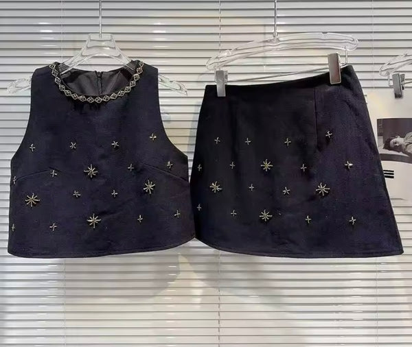 Women Beaded Sleeveless Two Piece Skirt Set