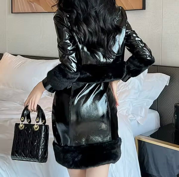 Women Fashion Black Fur PU Jacket Two Piece Skirt Set