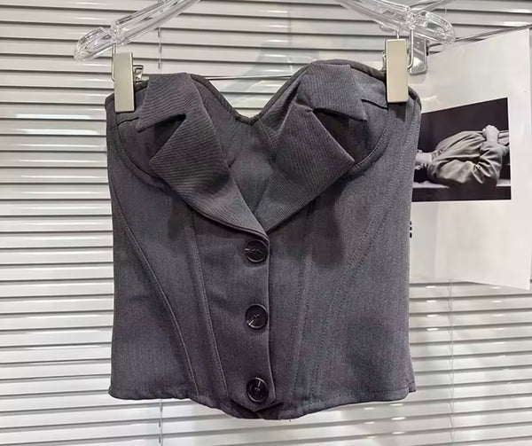Women Button Up Strapless Sexy Two Piece Gray Skirt Set