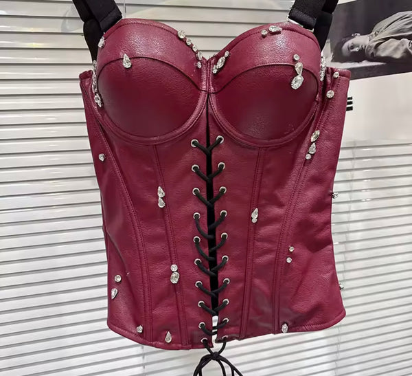 Women Sleeveless Rhinestone Faux Leather Corset Top
