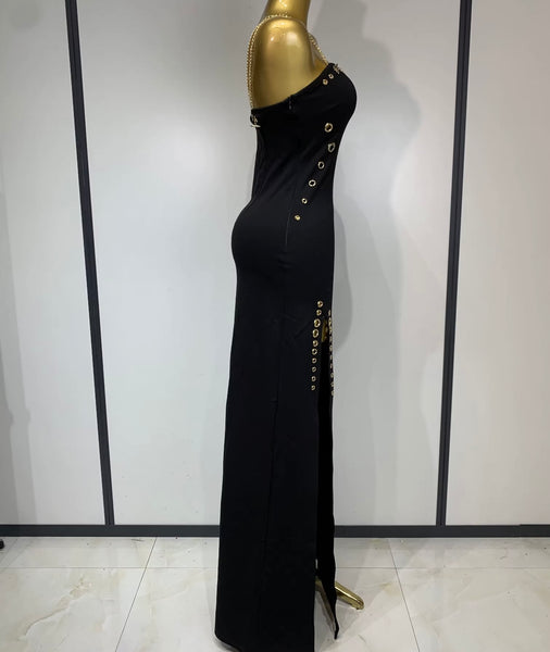 Women Black Chain Sleeveless Metal Ring Sexy Maxi Dress