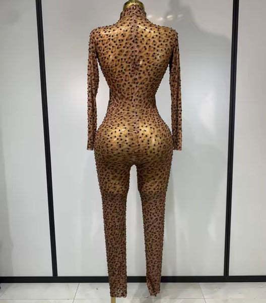 Women Sexy Leopard Print Beaded See Through Jumpsuit
