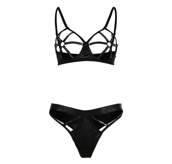 Women Sexy Black Sequins Cut Out Lingerie Set