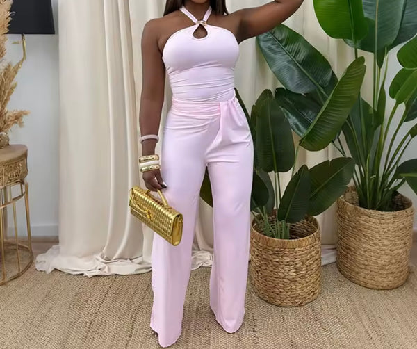 Women Sexy Halter Sleeveless Ruched Jumpsuit
