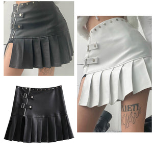 Women Buckled Fashion Faux Leather Pleated Skirt