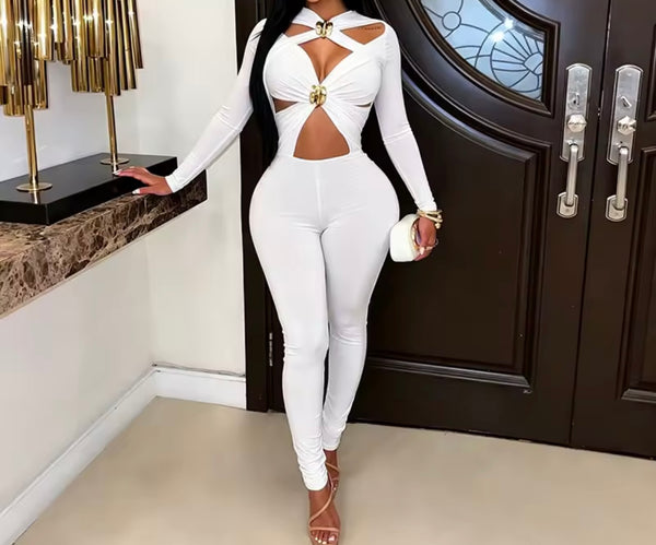 Women Sexy Metal Cut Out Full Sleeve Jumpsuit