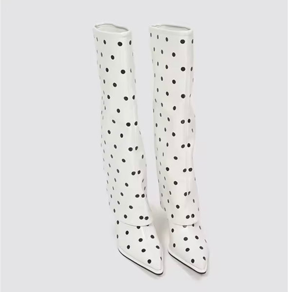 Women Fashion Polka Dot Faux Leather Knee High Boots