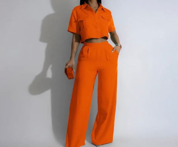 Women Button Up Short Sleeve Fashion Two Piece Pant Set