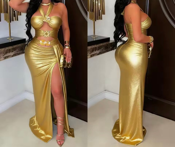 Women Sexy Metallic Halter Sleeveless Cut Out Maxi Dress