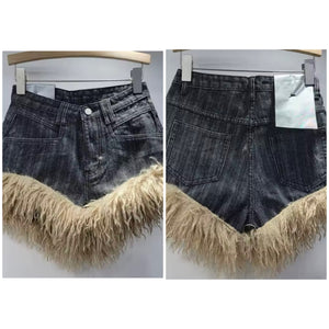 Women Faux Fur Patchwork Denim Fashion Shorts