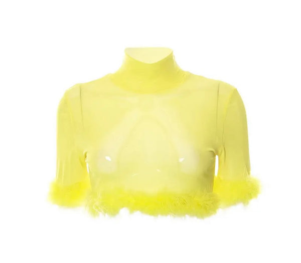 Women Sexy Fashion Feather Mesh Yellow Crop Top