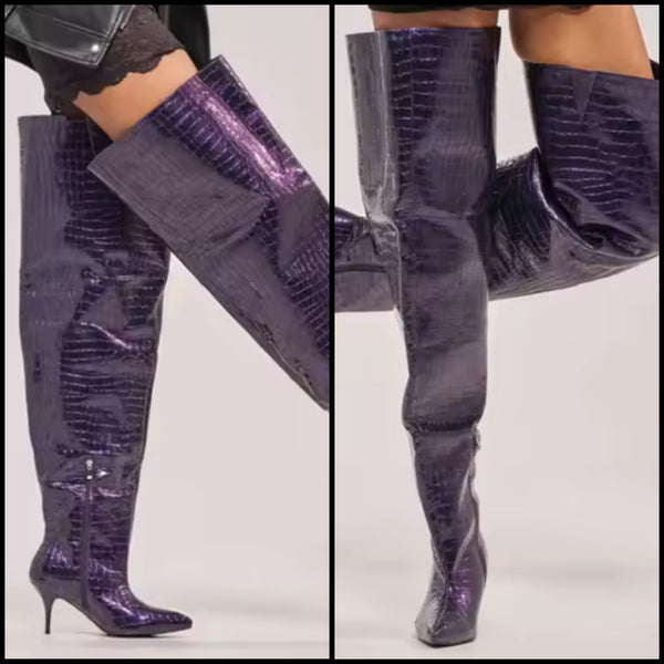 Women Fashion Purple Faux Leather Over The Knee High Heel Boots