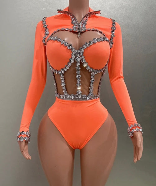 Women Sexy Orange Rhinestone Mesh Patchwork Jacket Bodysuit Top