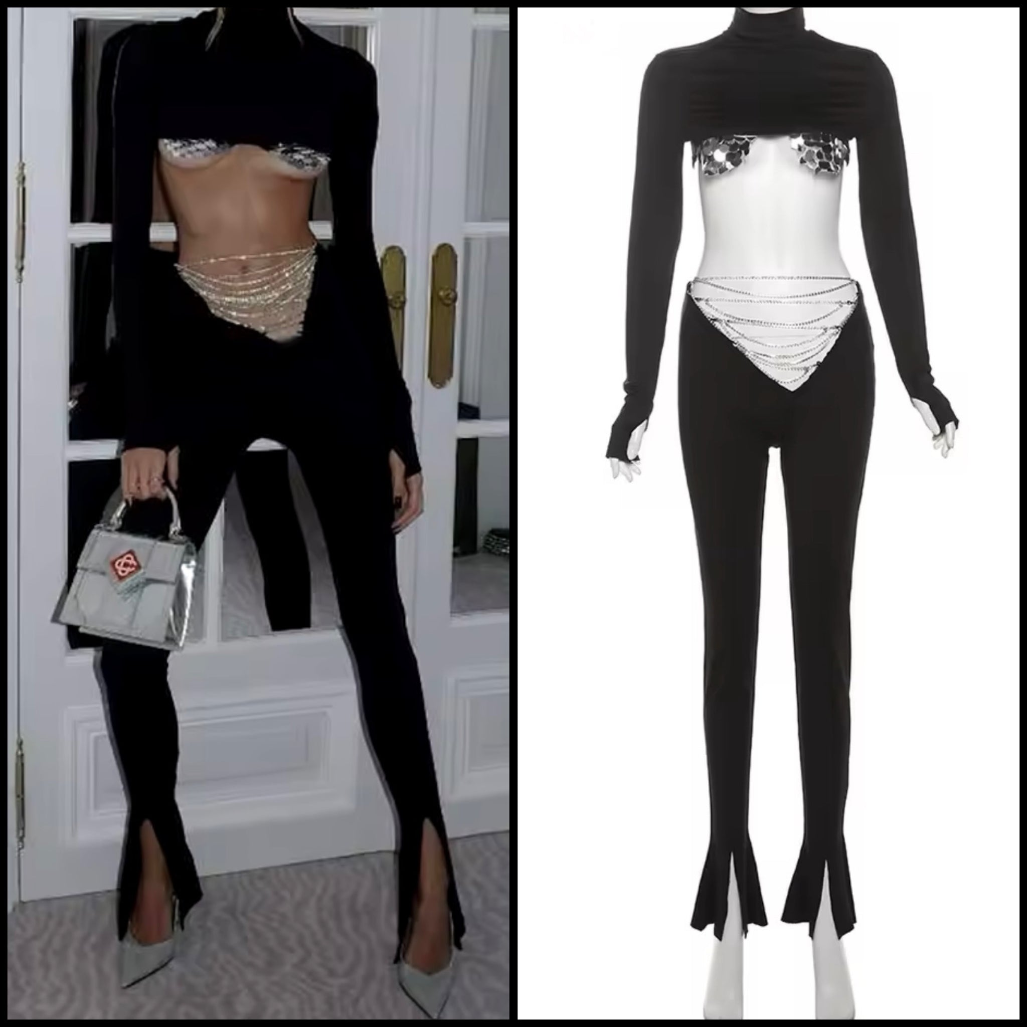 Women Black Full Sleeve Chain Two Piece Pant Set