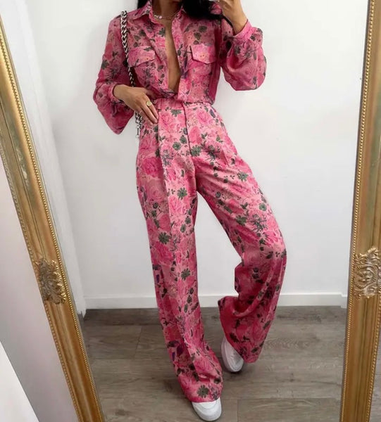 Women Fashion Pink Floral Print Full Sleeve Two Piece Pant Set