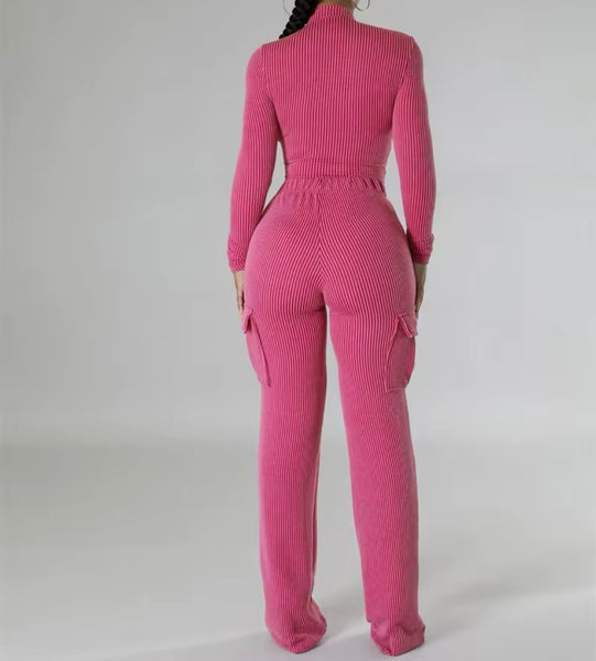 Women Color Ribbed Zip Up Full Sleeve Bodysuit Two Piece Pant Set