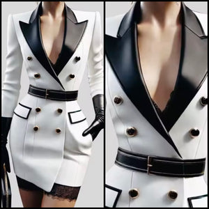 Women Fashion Faux Leather B&W Button Pocket Dress